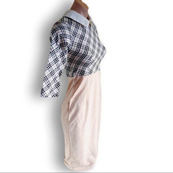 Black, tan and light cream plaid / tartan, 3/4 sleeve dress with white collar - Picture 3 of 6